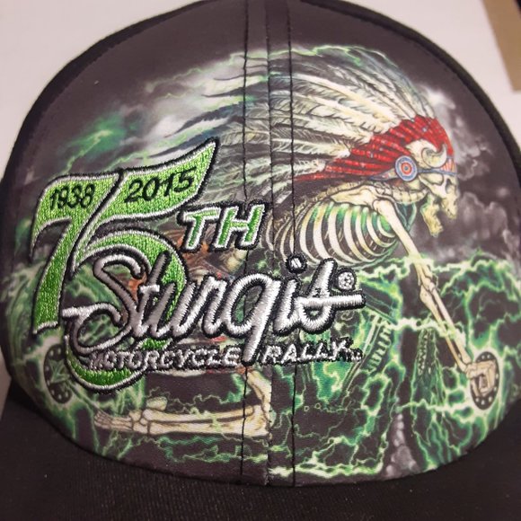 75th Sturgis Motorcycle Rally 2015 Skeleton Indian Chief Hat/Cap OSFM - Picture 2 of 9
